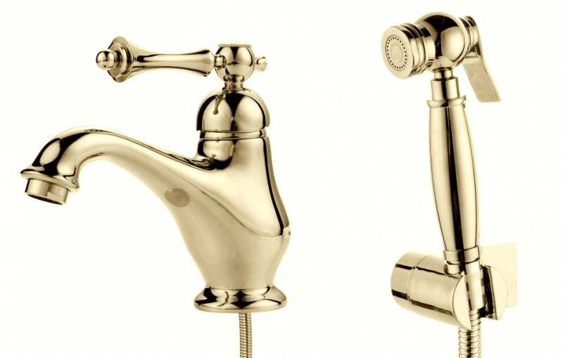 Смеситель для раковины Ganzer Severin GZ77051E, с гигиеническим душем, золото