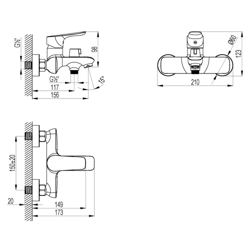 Смеситель Lemark Selena LM0812C для ванны, с коротким изливом, дивертор с кер. пласт., хром