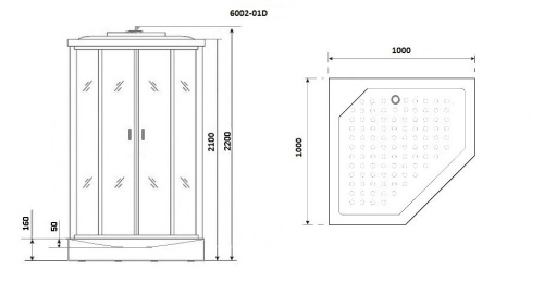 Душевая кабина NG-6002-01D (1000х1000х2200) низкий поддон(16 см) стекло ПРОЗРАЧНОЕ, 4 места