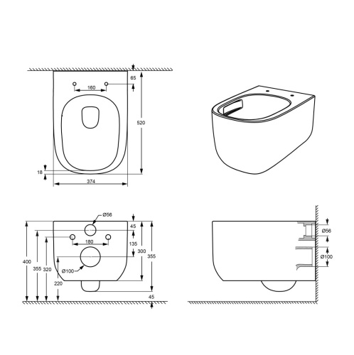 Унитаз подвесной Grossman Thin Rim GR-5605SQ (520х374х355) тонкий ободок, белый с тонкой крышкой, микролифт, смыв торнадо