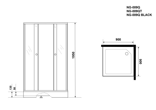 Душевой уголок NG-009-14QT (900х900х1950) низкий поддон(13см) стекло ТОНИРОВАННОЕ, 2 места