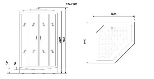 Душевая кабина NG-6902-01D BLACK (1000х1000х2200) низкий поддон (16 см) стекло ТОНИРОВАННОЕ, 4 места