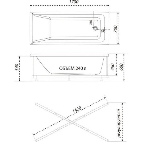 Акриловая ванна 1ACReal Тори 170х70 на каркасе (Щ0000044551)