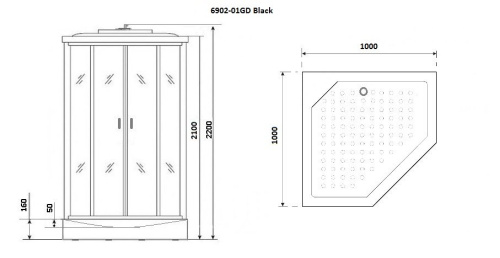Душевая кабина NG-6902-01GD BLACK (1000х1000х2200) низкий поддон(16 см) стекло ТОНИРОВАННОЕ, 4 места