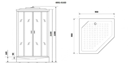 Душевая кабина NG-6001-01GD (900х900х2200) низкий поддон(16 см) стекло ПРОЗРАЧНОЕ, 4 места