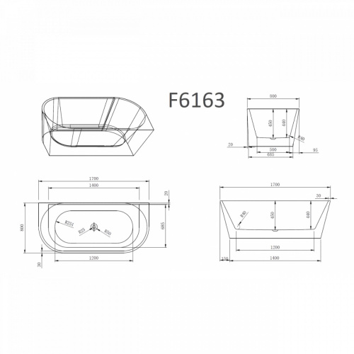 Ванна акриловая Frank F6163 12530 170*80 см (белый)